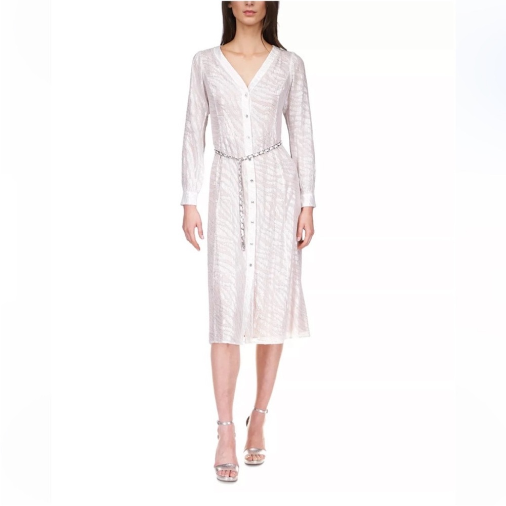 NWT $495 Michael Kors White & Silver Logo Belted Dress Size S Bridal/ Event